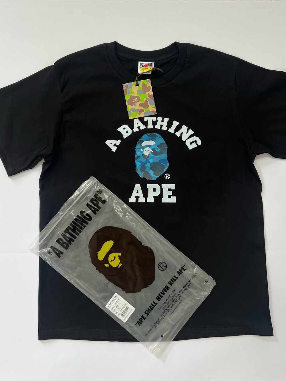A Bathing Ape Black Logo Tee with Blue Camo Ape